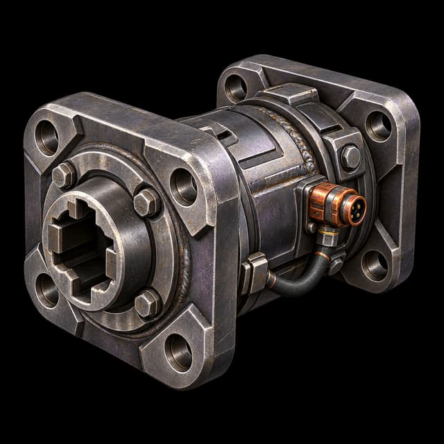 Heavy steel drive mount, a welded cylindrical housing between two square bolted flanges, with a splined socket at one end and a copper-collared power connector on a short armoured lead